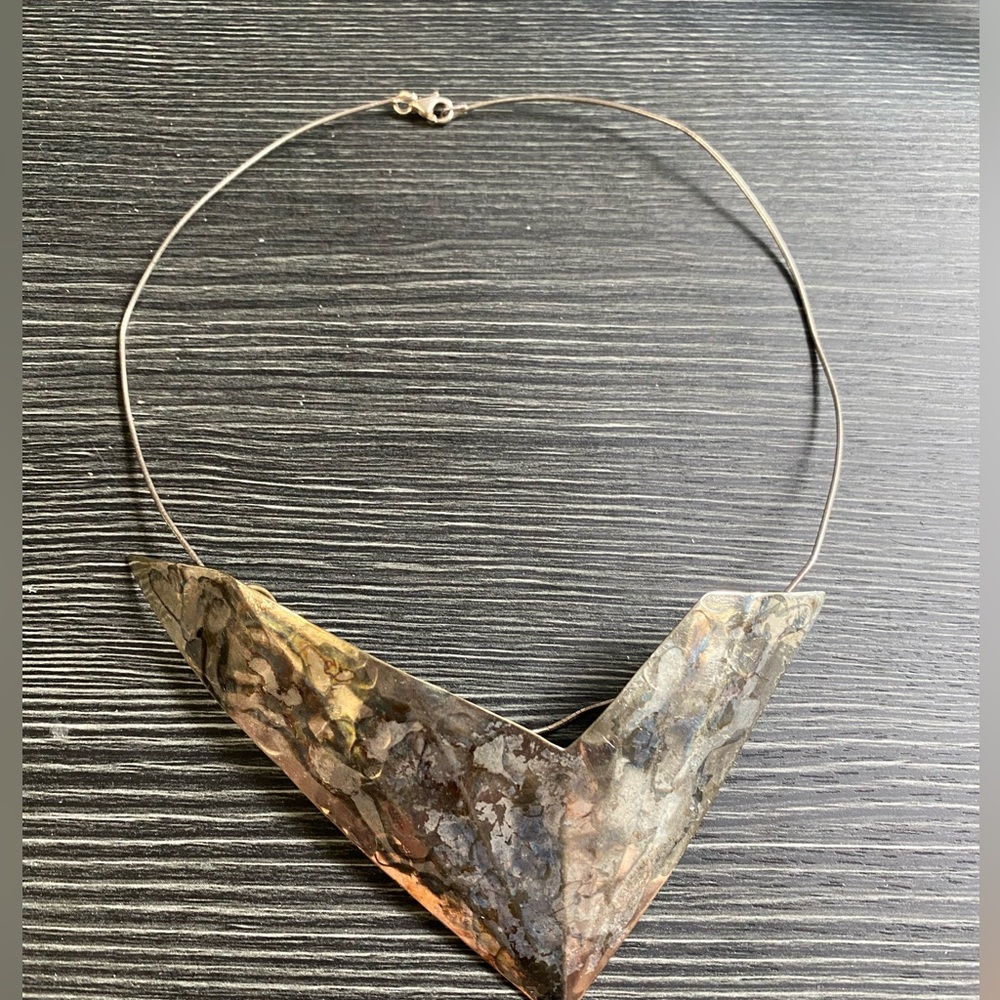 Handcrafted Metallic V-Shape Statement Necklace in Mixed Metal the chain is 925